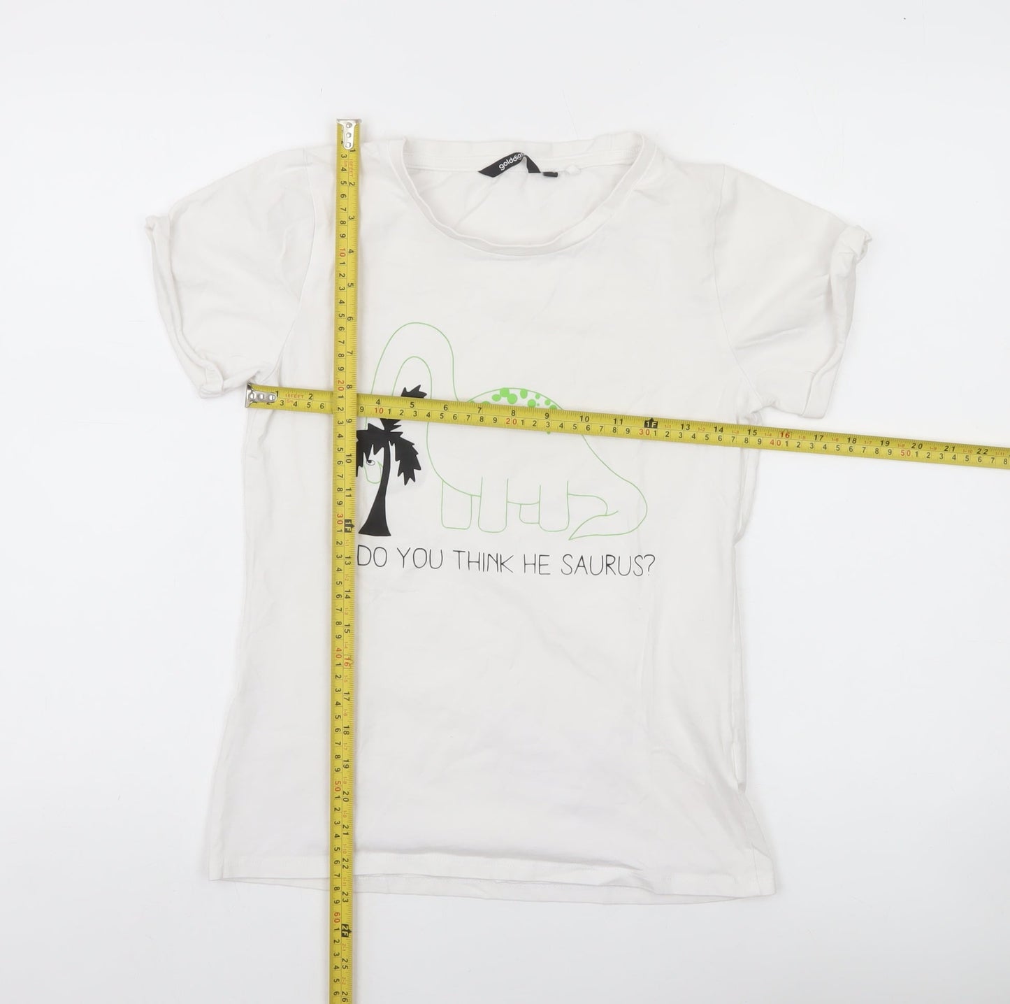Golddigga Womens White Dinosaur Print T-Shirt Size 10