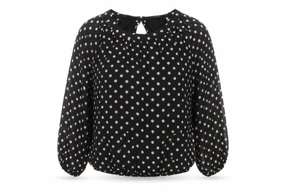 Front view of Dunnes Women’s Black Polka Dot Long Sleeve Blouse, size UK 12