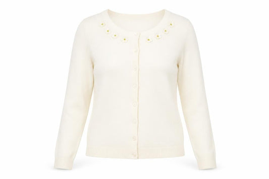 Dickins & Jones Women’s Ivory Cardigan S Crew Neck Beaded Floral