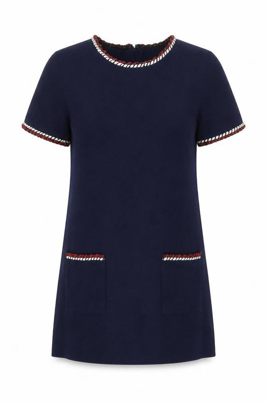 Derhy Women’s Blue Shift Dress L Short Sleeve Round Neck Workwear