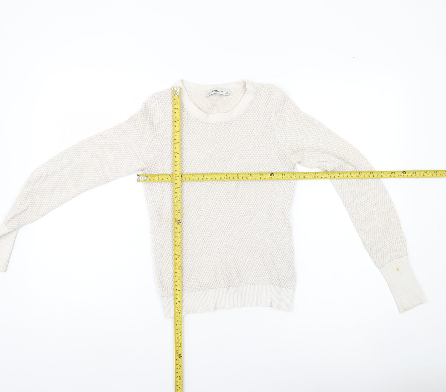 Zara Women Ivory Knit Pullover Jumper Size 8 Crew Neck Long Sleeve