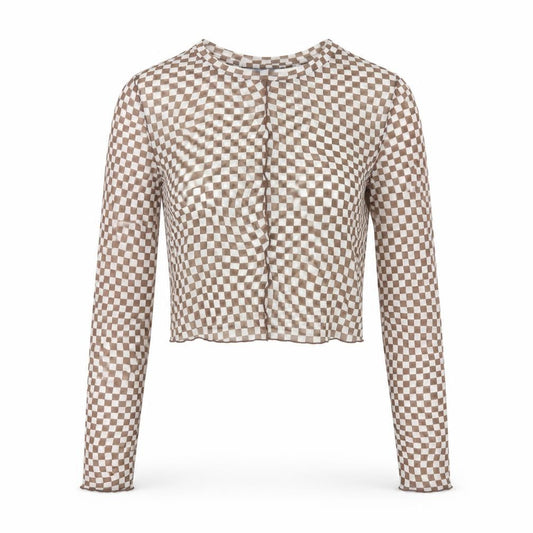 Primark Womens Brown Check Mesh Cropped Blouse UK 10 Slim Fit Long Sleeve