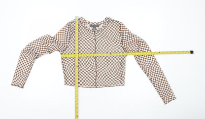 Primark Womens Brown Check Mesh Cropped Blouse UK 10 Slim Fit Long Sleeve