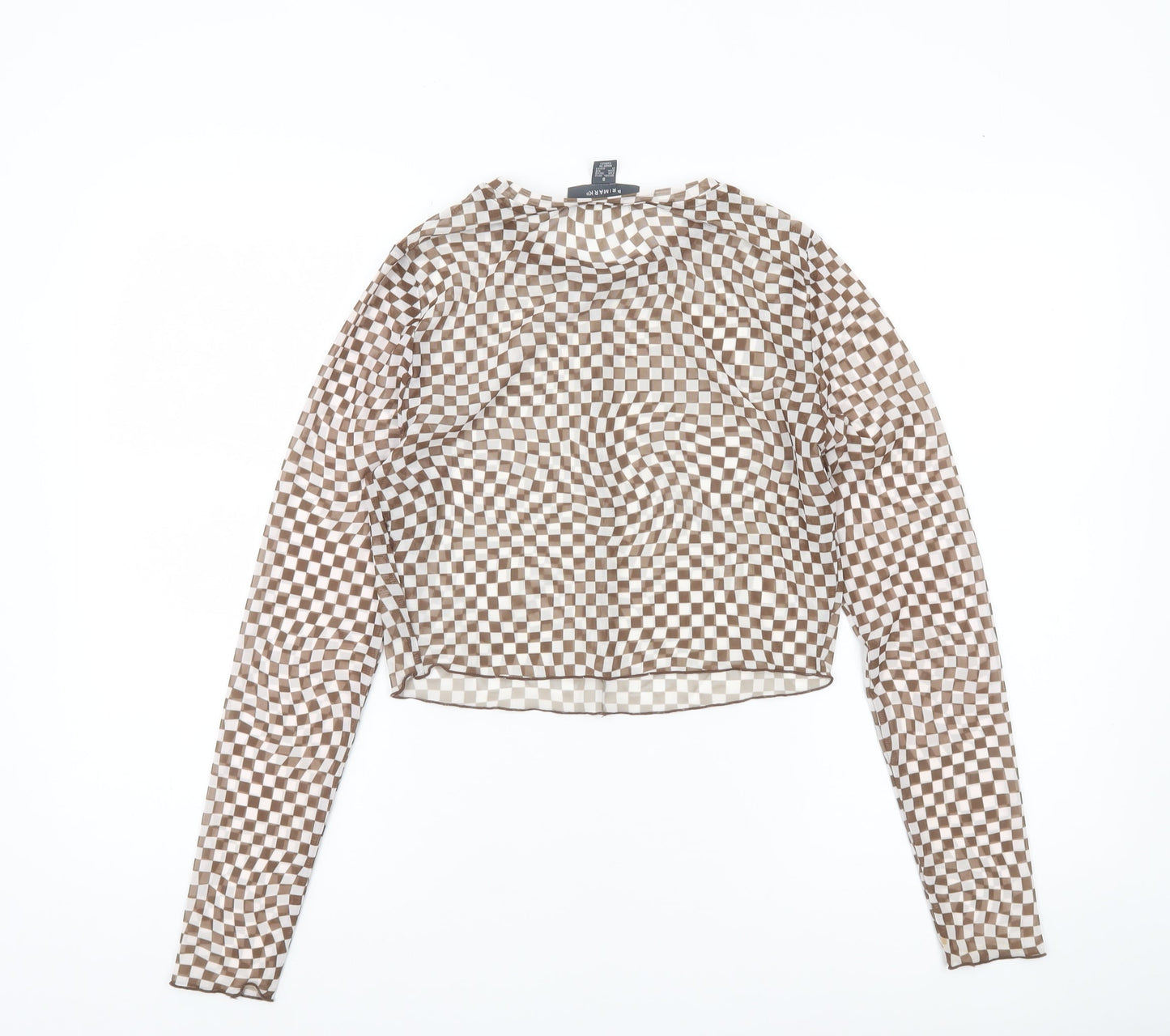 Primark Womens Brown Check Mesh Cropped Blouse UK 10 Slim Fit Long Sleeve