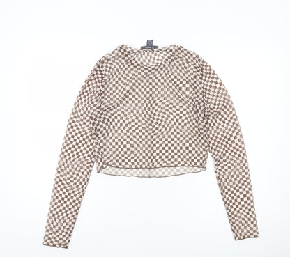 Primark Womens Brown Check Mesh Cropped Blouse UK 10 Slim Fit Long Sleeve