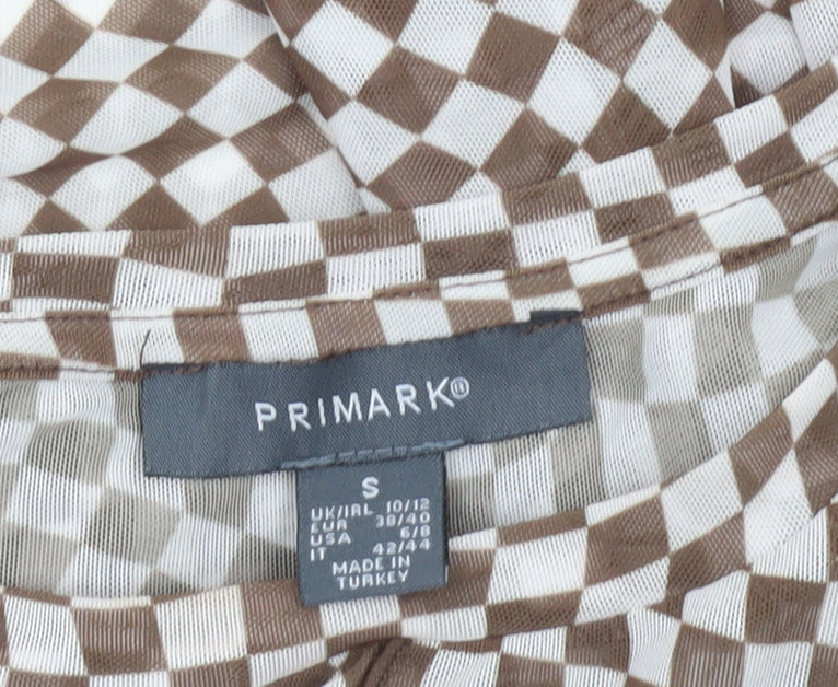 Primark Womens Brown Check Mesh Cropped Blouse UK 10 Slim Fit Long Sleeve