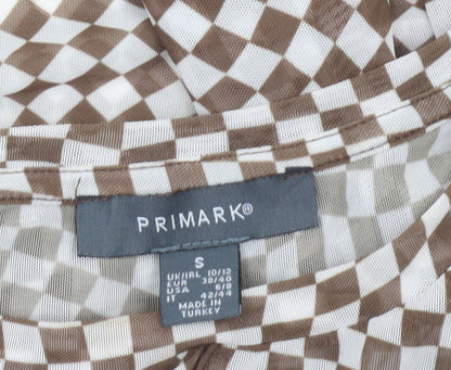 Primark Womens Brown Check Mesh Cropped Blouse UK 10 Slim Fit Long Sleeve
