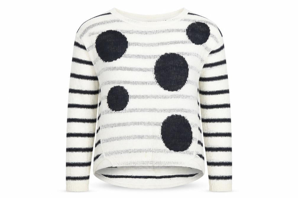 Front view of Only women’s black white striped polka dot knit jumper, size S