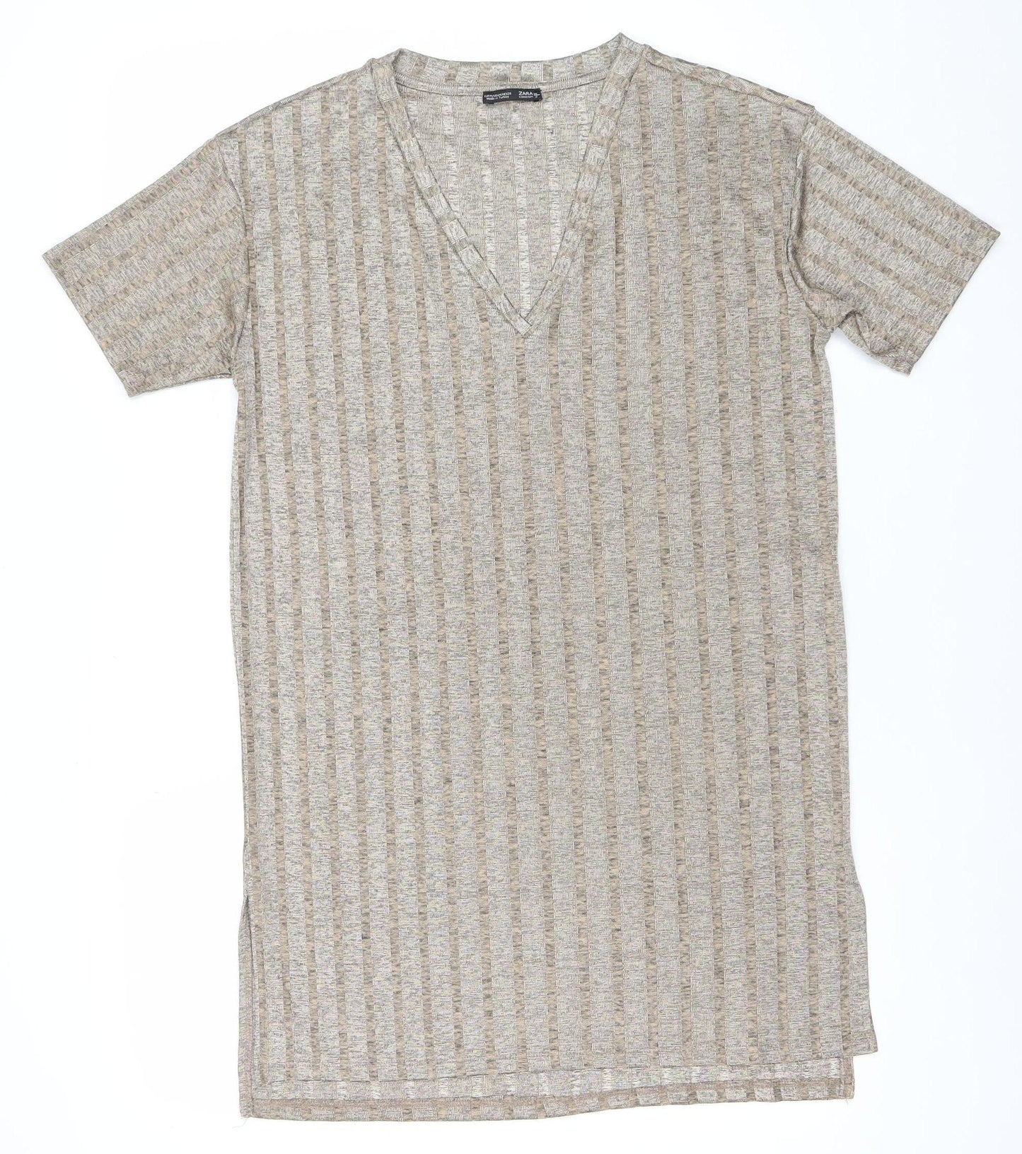 Zara Women Beige XL T-Shirt Dress V-Neck Short Sleeve Casual