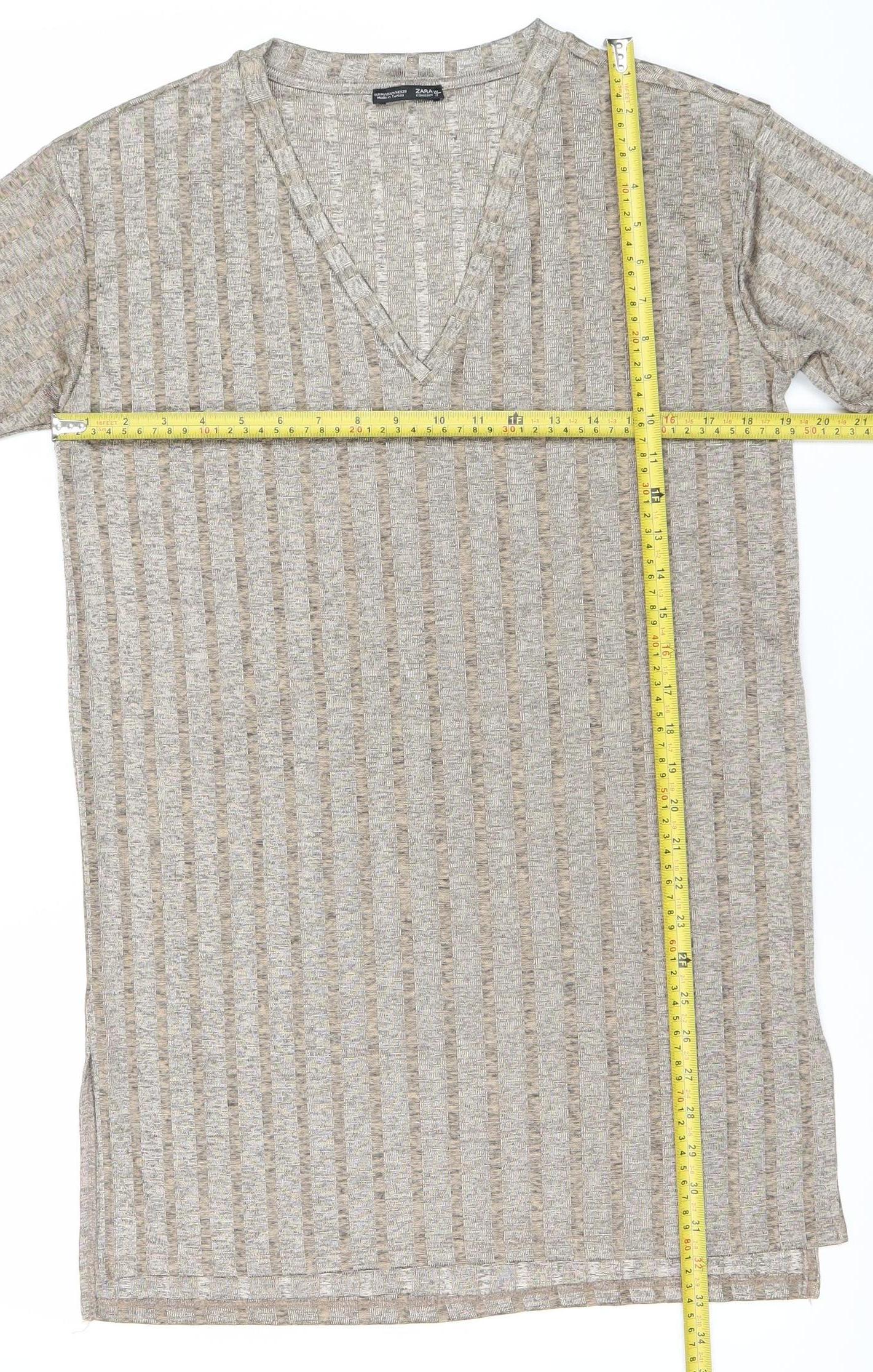 Zara Women Beige XL T-Shirt Dress V-Neck Short Sleeve Casual