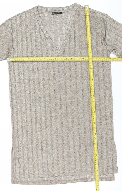 Zara Women Beige XL T-Shirt Dress V-Neck Short Sleeve Casual