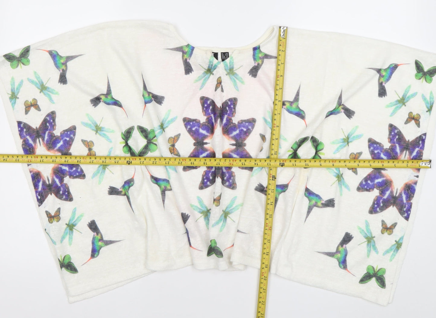 Izabel London Women’s White Kimono Sleeve Blouse Top S Butterfly Bird Print