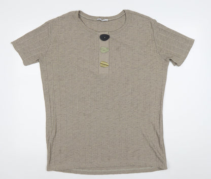 Zara Women Beige Cotton Henley Jumper Size 12 Short Sleeve