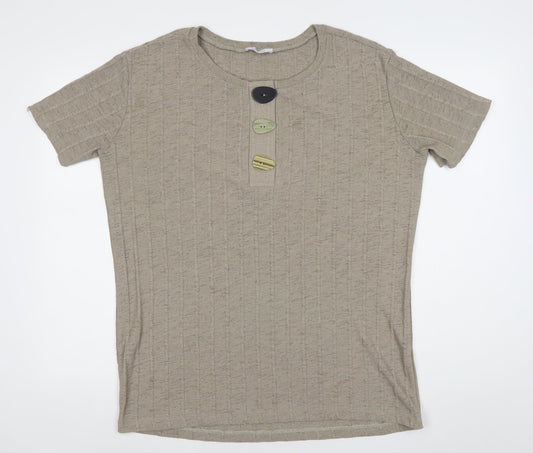 Zara Women Beige Cotton Henley Jumper Size 12 Short Sleeve