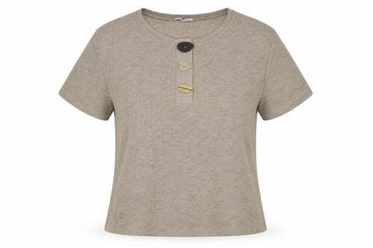 Zara Women Beige Cotton Henley Jumper Size 12 Short Sleeve