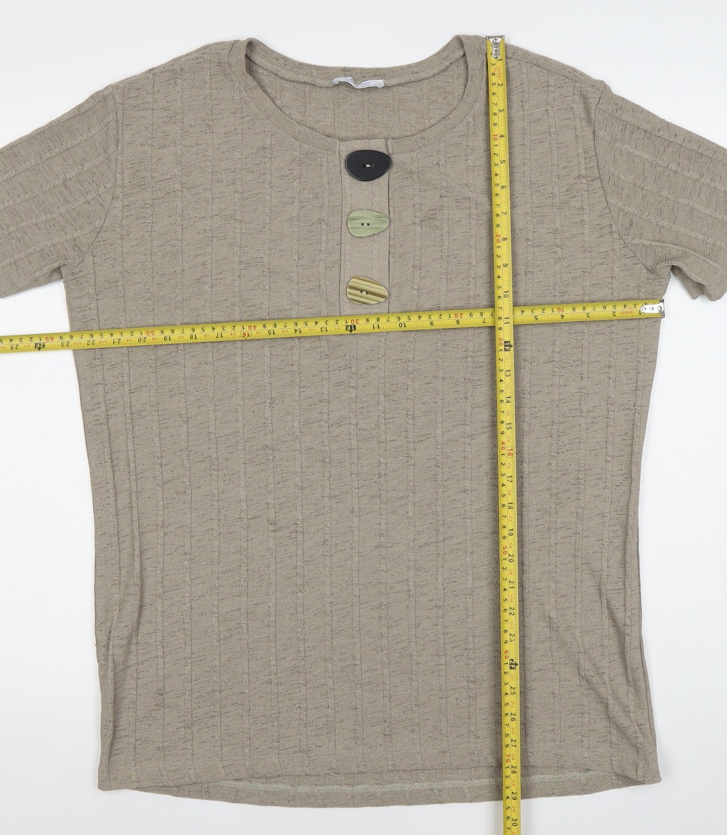 Zara Women Beige Cotton Henley Jumper Size 12 Short Sleeve