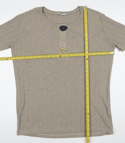 Zara Women Beige Cotton Henley Jumper Size 12 Short Sleeve