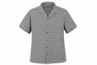 Front view of ASOS unisex black white geometric button-up shirt, size M