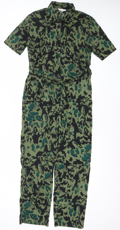Topshop Womens Green Black Animal Print Jumpsuit UK 8 V-Neck Short Sleeve