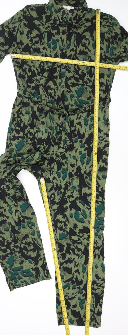Topshop Womens Green Black Animal Print Jumpsuit UK 8 V-Neck Short Sleeve