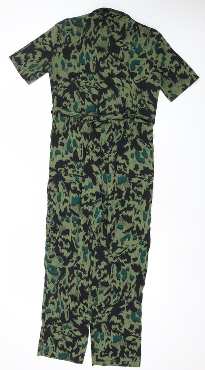 Topshop Womens Green Black Animal Print Jumpsuit UK 8 V-Neck Short Sleeve