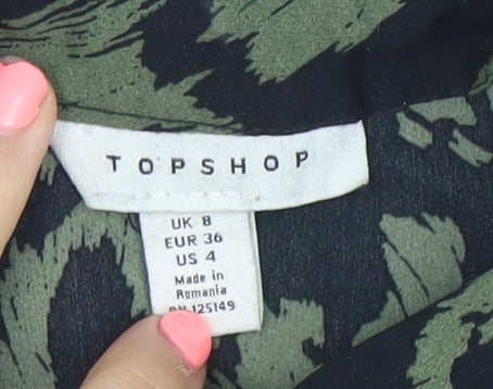 Topshop Womens Green Black Animal Print Jumpsuit UK 8 V-Neck Short Sleeve