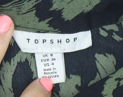 Topshop Womens Green Black Animal Print Jumpsuit UK 8 V-Neck Short Sleeve