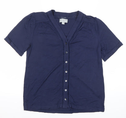 Pure Collection Womens Blue Size 8 Button Up V-Neck Top