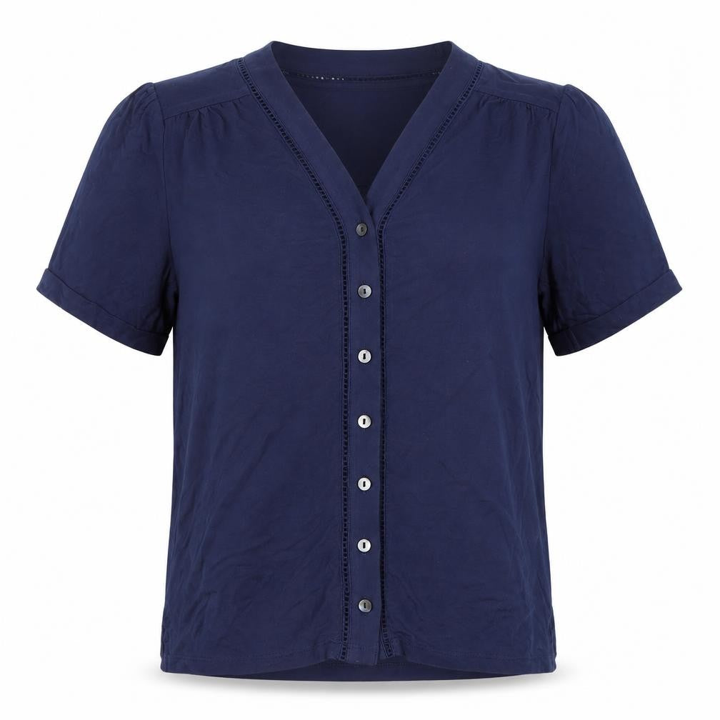 Front view of Pure Collection women’s blue, size UK 8, button up v-neck top