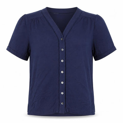 Front view of Pure Collection women’s blue, size UK 8, button up v-neck top