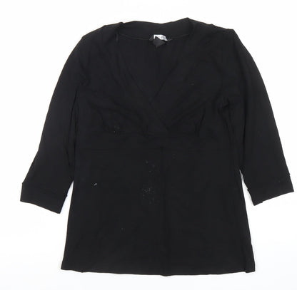 H&M Women Black Wrap Blouse Viscose Stretch M 3/4 Sleeve