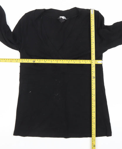 H&M Women Black Wrap Blouse Viscose Stretch M 3/4 Sleeve