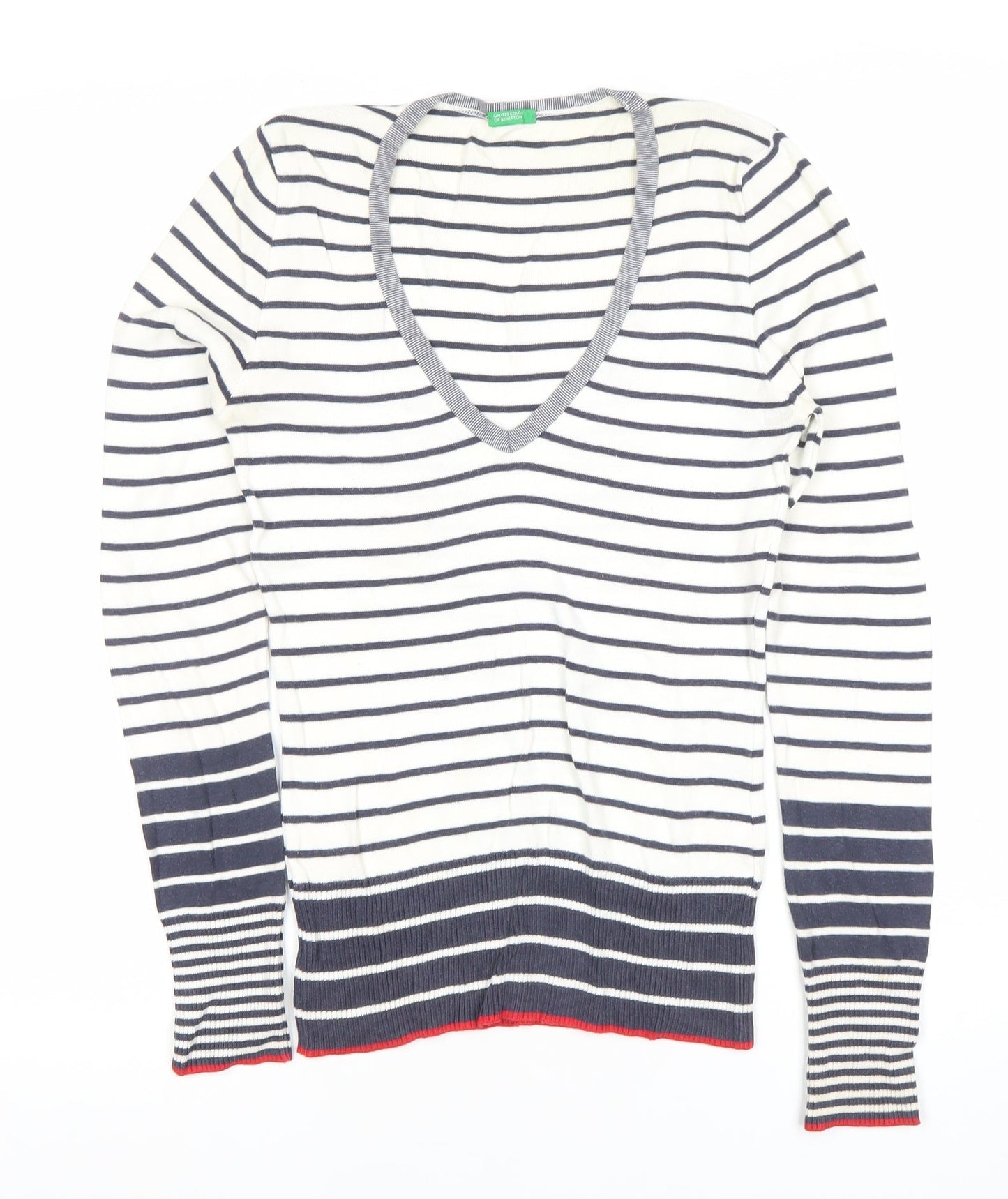 United Colors of Benetton Womens Striped Cotton V-Neck Jumper S