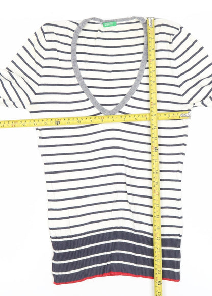 United Colors of Benetton Womens Striped Cotton V-Neck Jumper S
