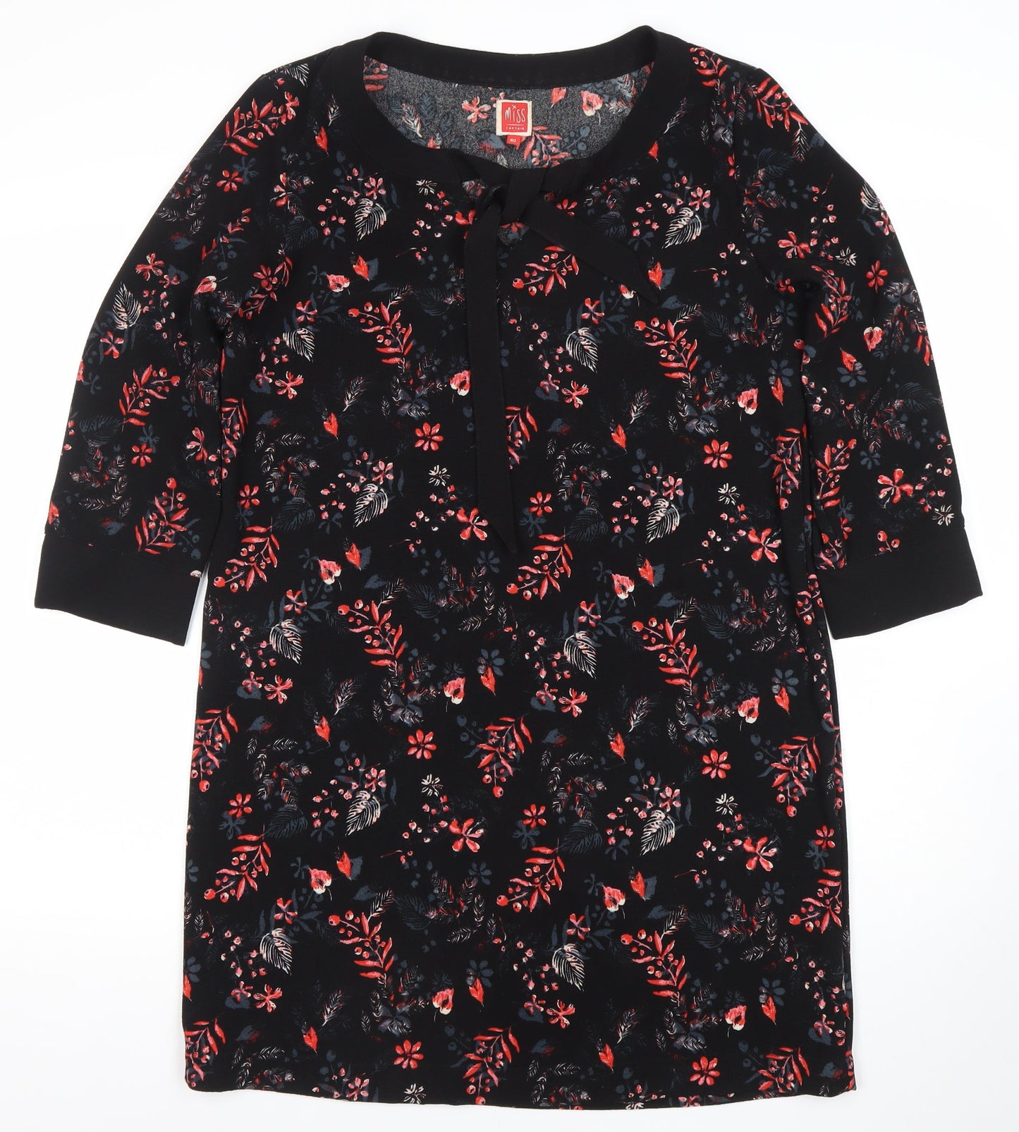 Miss Captain Womens Black Floral Shift Dress Size 12 3/4 Sleeve Bow Detail