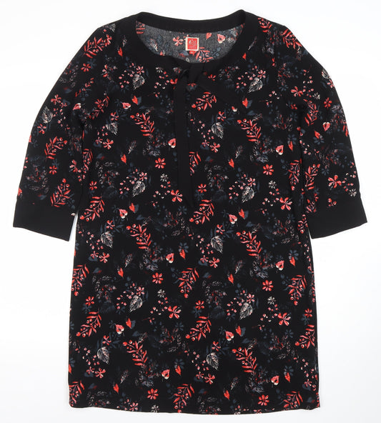 Miss Captain Womens Black Floral Shift Dress Size 12 3/4 Sleeve Bow Detail
