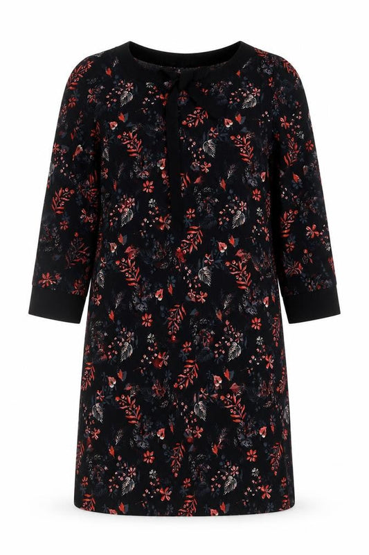 Miss Captain Womens Black Floral Shift Dress Size 12 3/4 Sleeve Bow Detail