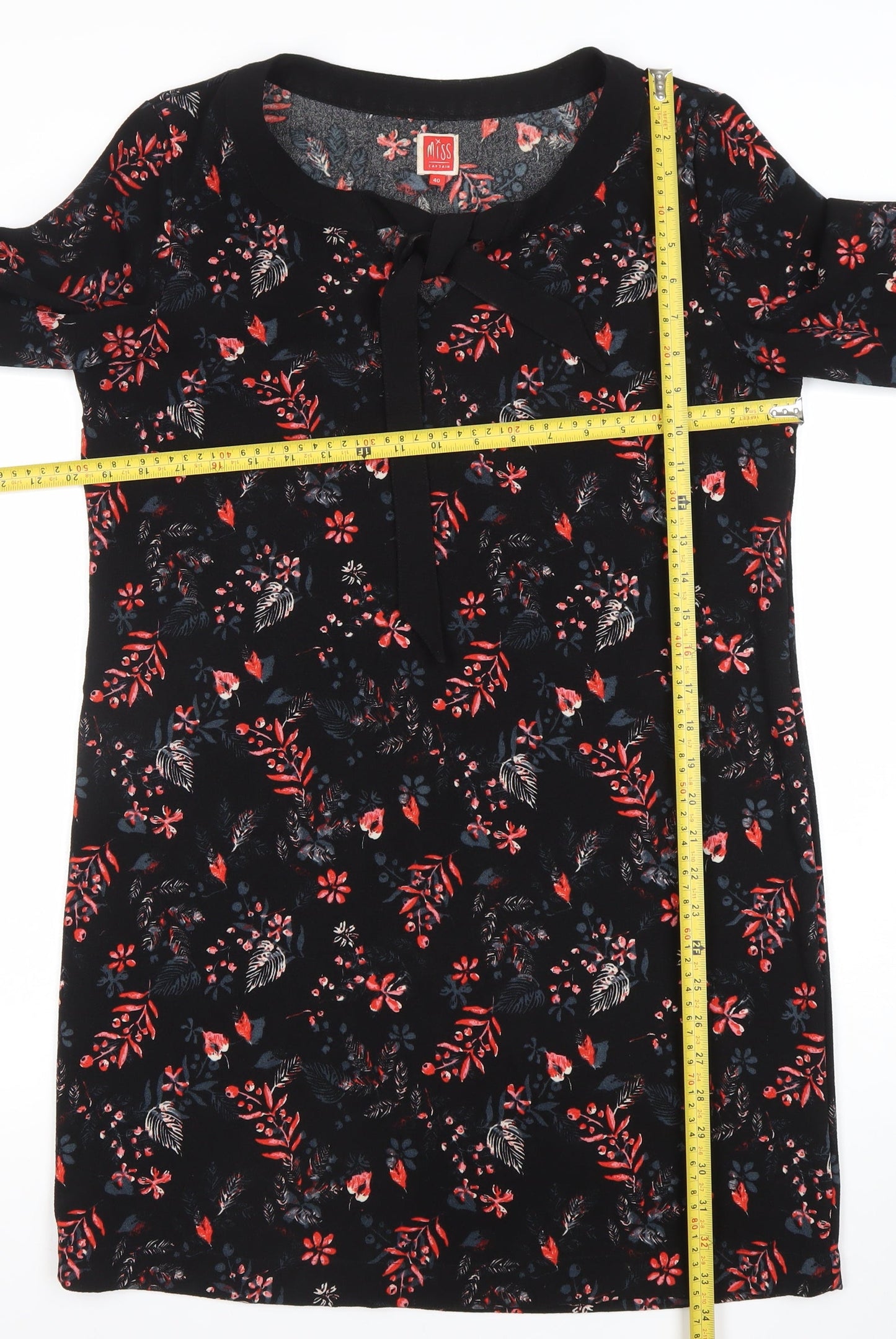 Miss Captain Womens Black Floral Shift Dress Size 12 3/4 Sleeve Bow Detail
