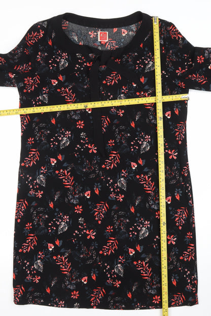 Miss Captain Womens Black Floral Shift Dress Size 12 3/4 Sleeve Bow Detail