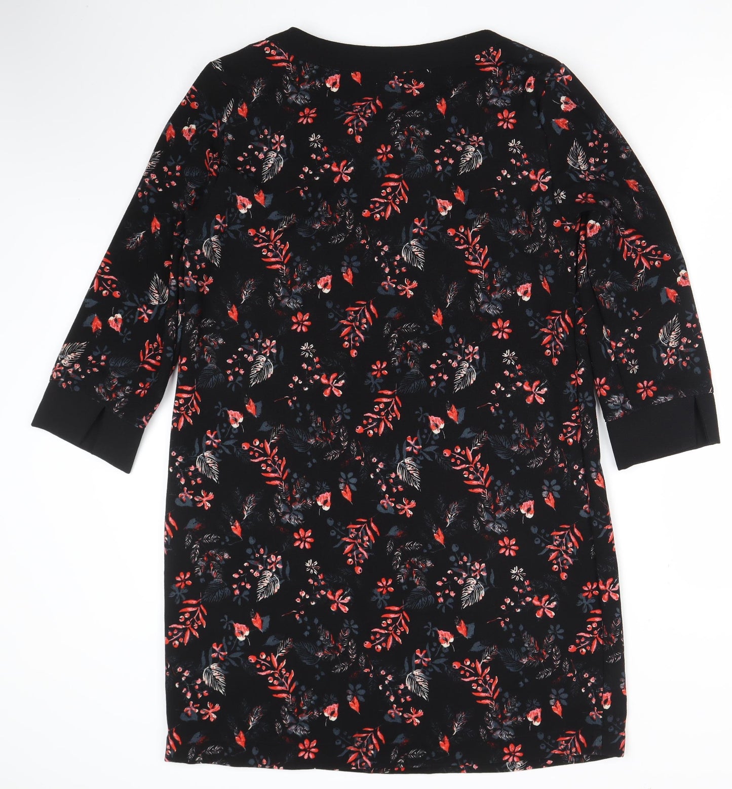Miss Captain Womens Black Floral Shift Dress Size 12 3/4 Sleeve Bow Detail
