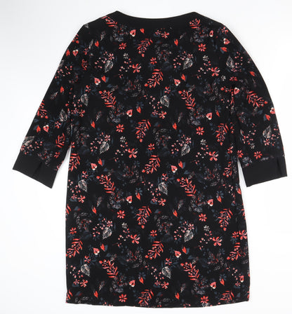 Miss Captain Womens Black Floral Shift Dress Size 12 3/4 Sleeve Bow Detail