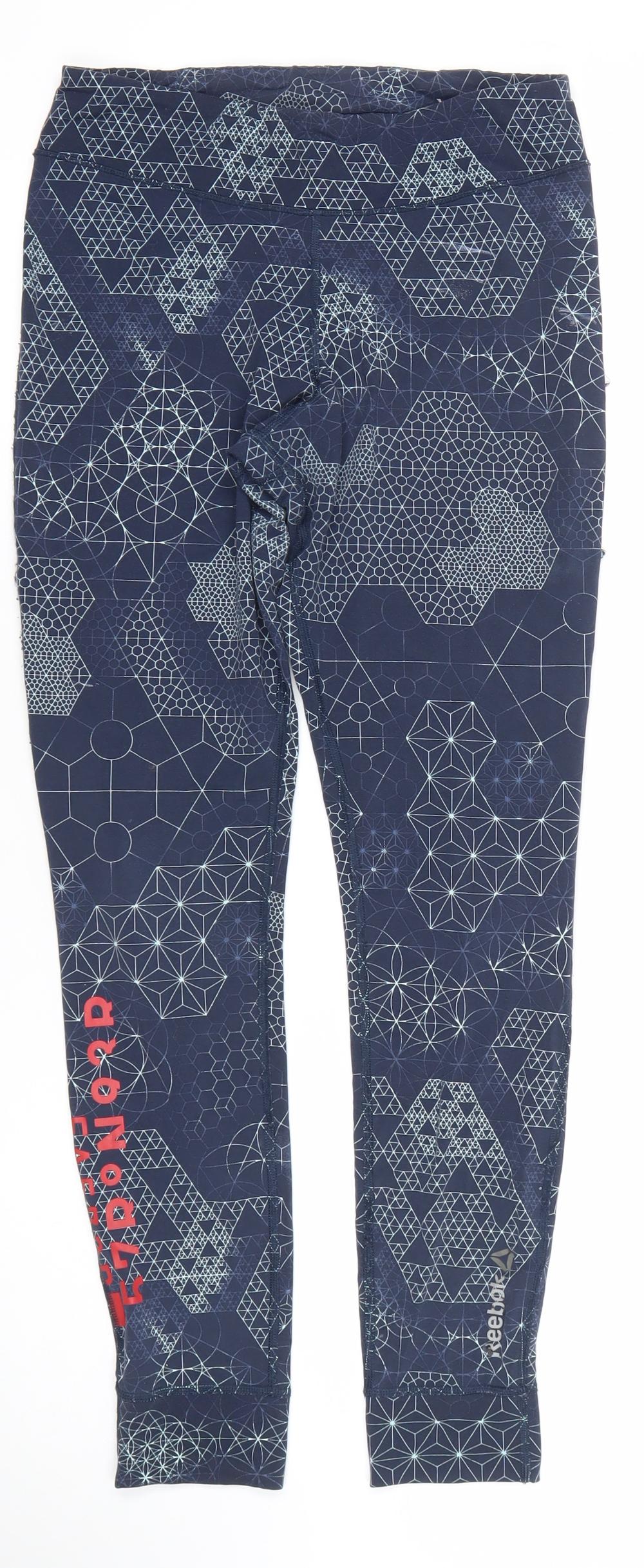 Reebok Womens Blue Geometric Print Leggings Size S Slim Fit