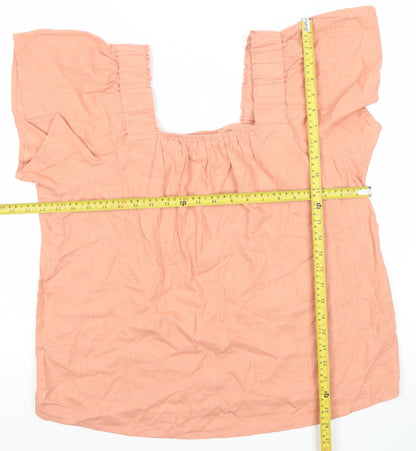 Next Womens Pink Linen Blend Blouse Size 12 Flutter Sleeve
