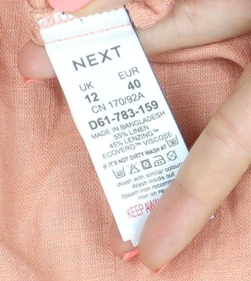 Next Womens Pink Linen Blend Blouse Size 12 Flutter Sleeve