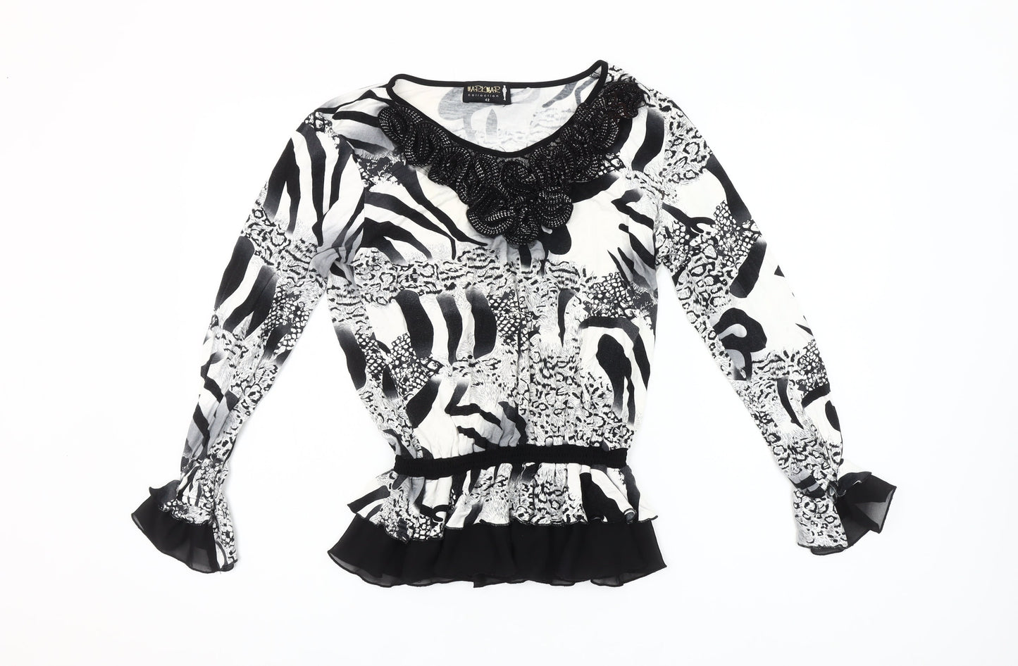 Markwar Women’s Black White Animal Print Beaded Blouse Size 14