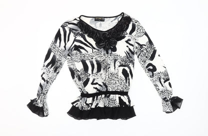 Markwar Women’s Black White Animal Print Beaded Blouse Size 14