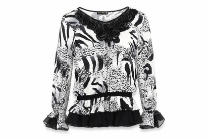 Markwar Women’s Black White Animal Print Beaded Blouse Size 14