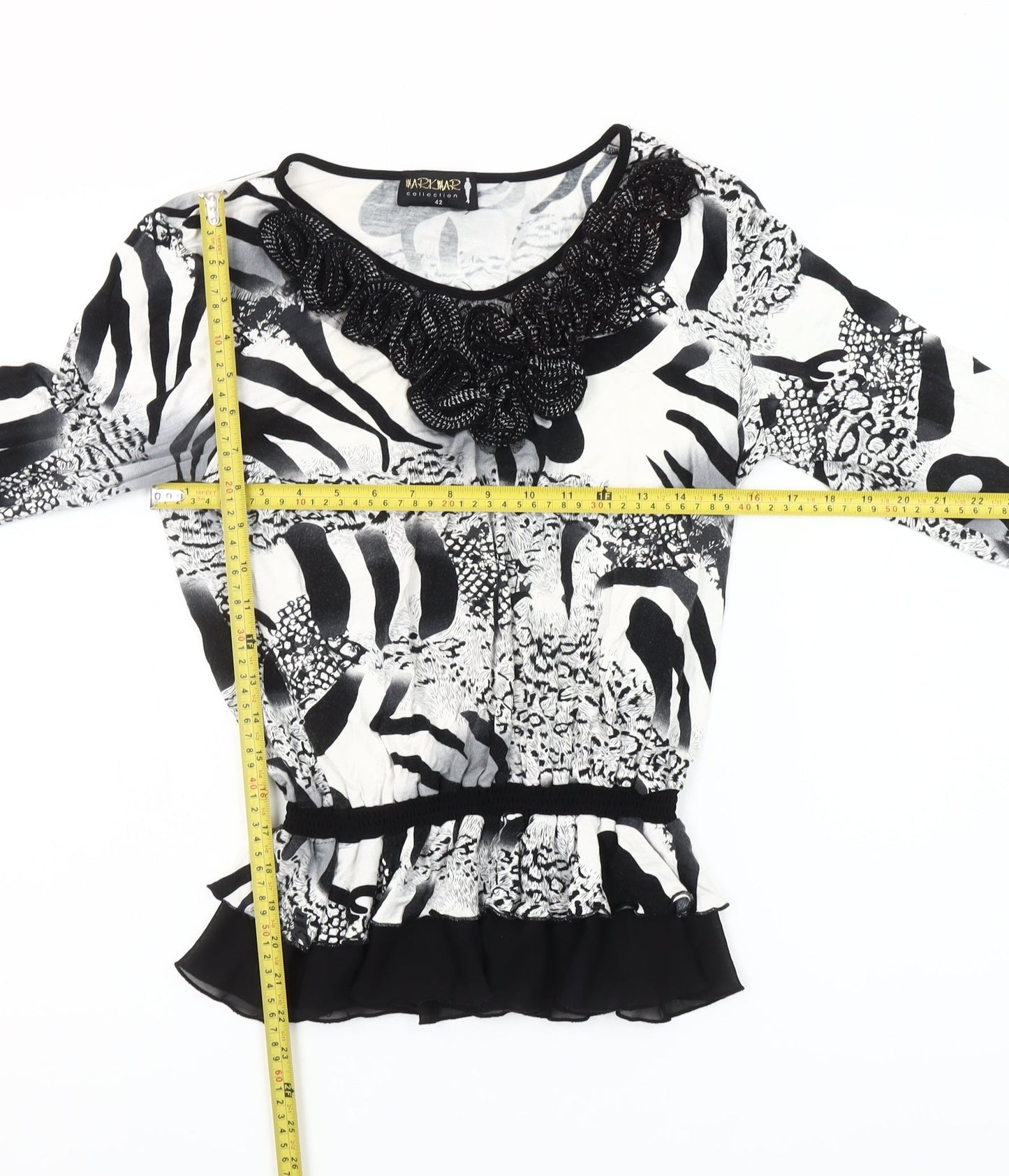 Markwar Women’s Black White Animal Print Beaded Blouse Size 14