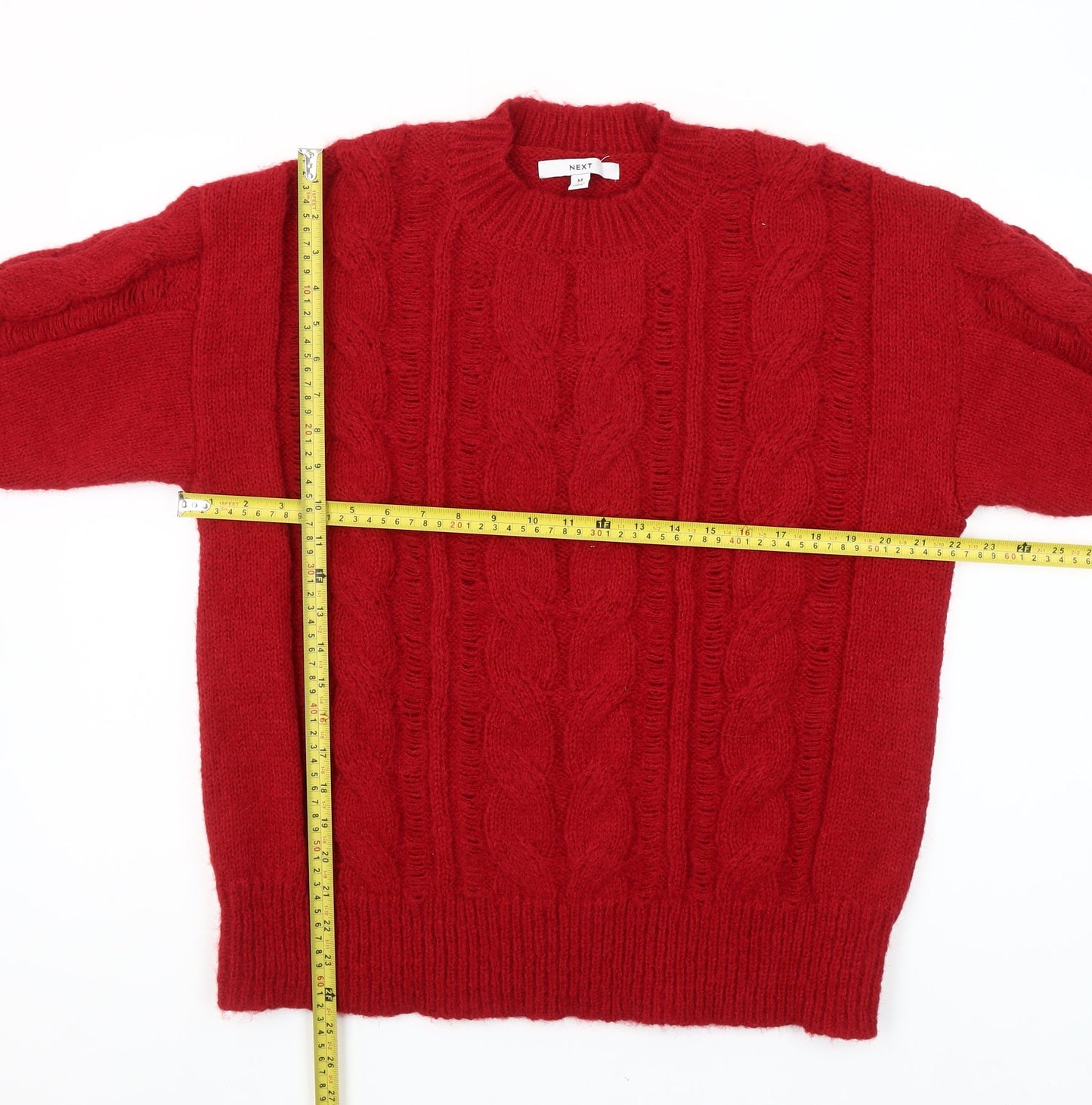 Next Women’s Red Cable-Knit Pullover Jumper M Crew Neck Wool Blend