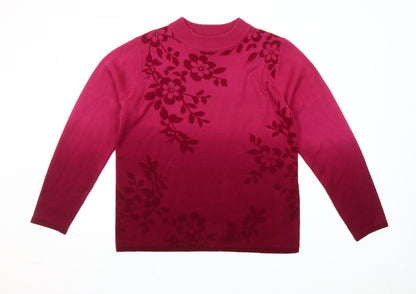 Fay Louise Womens Pink Floral Beaded Pullover Jumper M Mock Neck